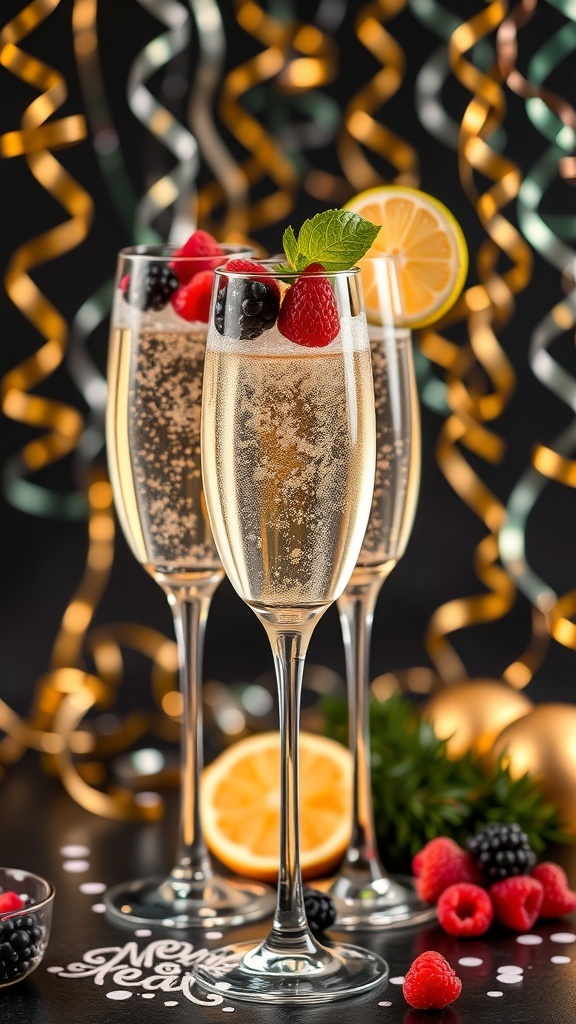 Sparkling wine toast with berries and citrus in elegant glasses, surrounded by New Year